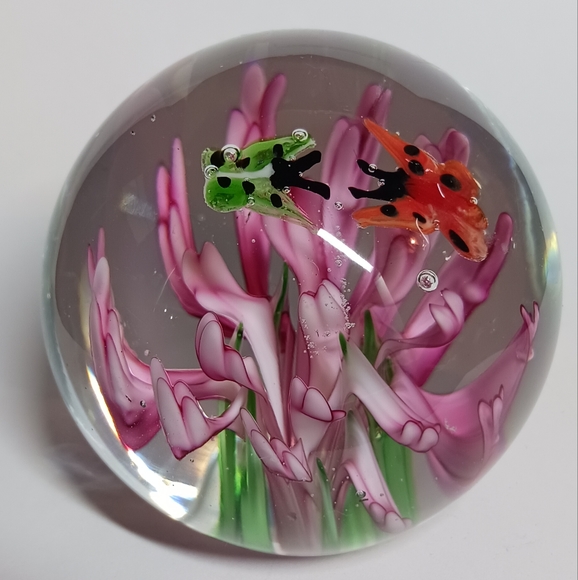 2" Art Glass Paperweight with Pink Flower And Butterflies - Picture 9 of 9